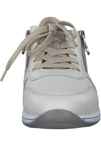 Light gray athletic shoe featuring a leather upper, textured laces, side zipper, and white rubber sole with grey accents.