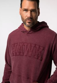 Felpa bordeaux in morbido cotone, con logo "HAWK" in rilievo sul fronte e cappuccio con coulisse. La texture appare usurata.