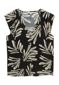 Zwarte blouse met een V-hals en kapmouwen, voorzien van een bloemenpatroon in beige en lichtblauw, met knopen aan de voorkant en een loose-fit.