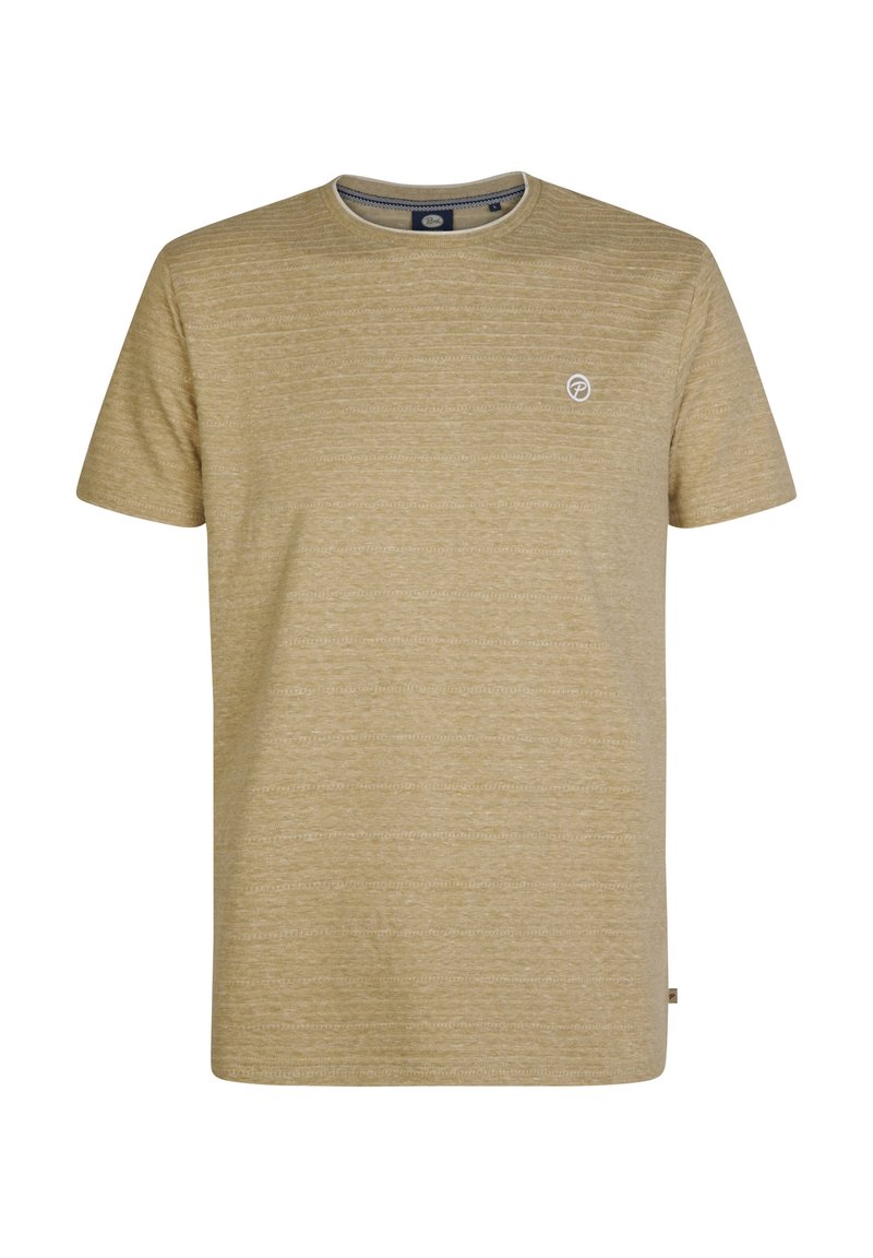 Korte mouw T-shirt in lichtbeige met een subtiele textuurpatroon en een klein logo op de borst. Standaard ronde hals ontwerp.