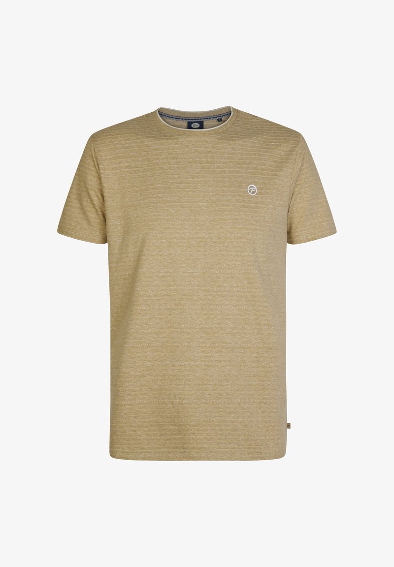 Korte mouw T-shirt in lichtbeige met een subtiele textuurpatroon en een klein logo op de borst. Standaard ronde hals ontwerp.