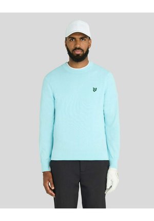Mand med skæg iført en hvid kasket, lyseblå sweater med fuglelogo, sorte bukser og en hvid golfhandske på højre hånd.