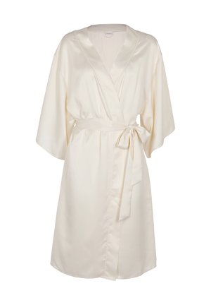 Accappatoio color crema in raso con maniche larghe e cintura in vita annodata a fiocco, lungo fino al ginocchio con davanti stile incrociato.