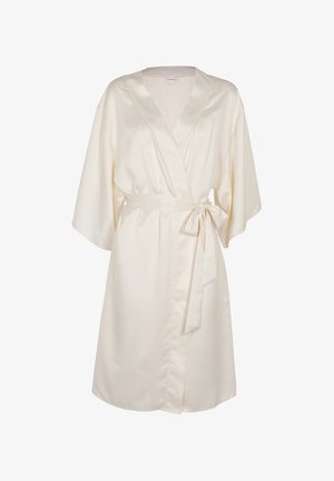 Accappatoio color crema in raso con maniche larghe e cintura in vita annodata a fiocco, lungo fino al ginocchio con davanti stile incrociato.