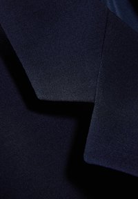 Tessuto navy texturizzato in pieghe, che mette in mostra una superficie liscia e bordi nitidi. Forme ben definite con una leggera lucentezza e una lieve ombreggiatura in tutta la superficie.