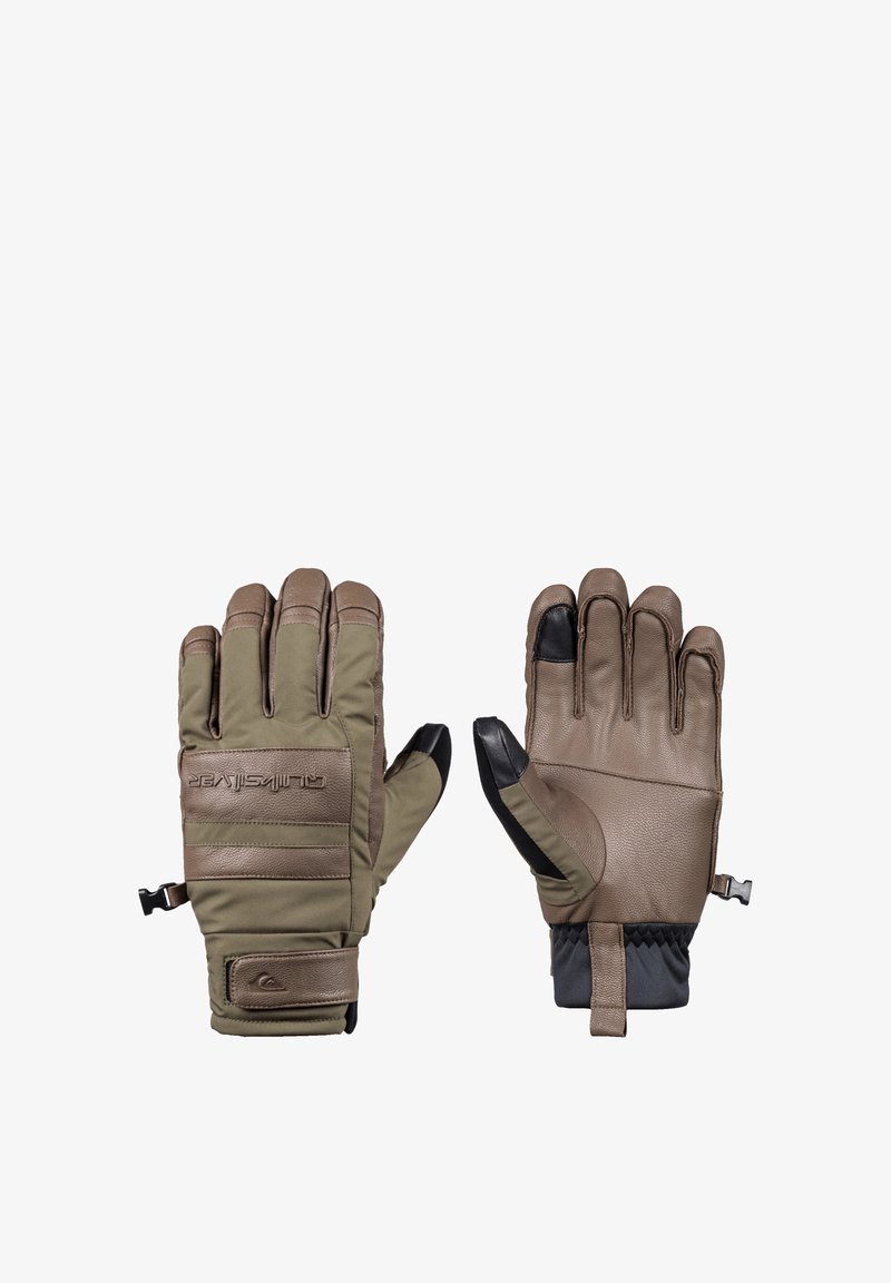 Guantes marrones y verde oliva con cuero y textil, que cuentan con puntas reforzadas, correas ajustables en la muñeca y una palma texturizada para un mejor agarre.