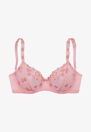 Light pink bra with floral embroidery and lace detailing on the cups and straps; sheer fabric and underwire for support.
