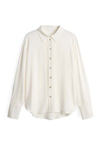 Helle Creme Spitzenhemd, lange Ärmel, glattes Material, klassischer Kragen, sieben Knöpfe vorne, abgerundeter Saum, minimalistische Gestaltung.