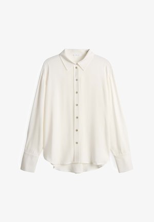 Camicia chiara di cotone con bottoni, maniche lunghe, tessuto morbido, colletto classico, sette bottoni sulla parte anteriore, orlo arrotondato, design minimalista.