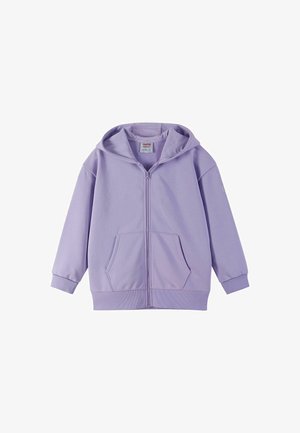 Purple zip-up hoodie with a hood, two front pockets, ribbed cuffs, and a soft texture. Features a simple design and relaxed fit.