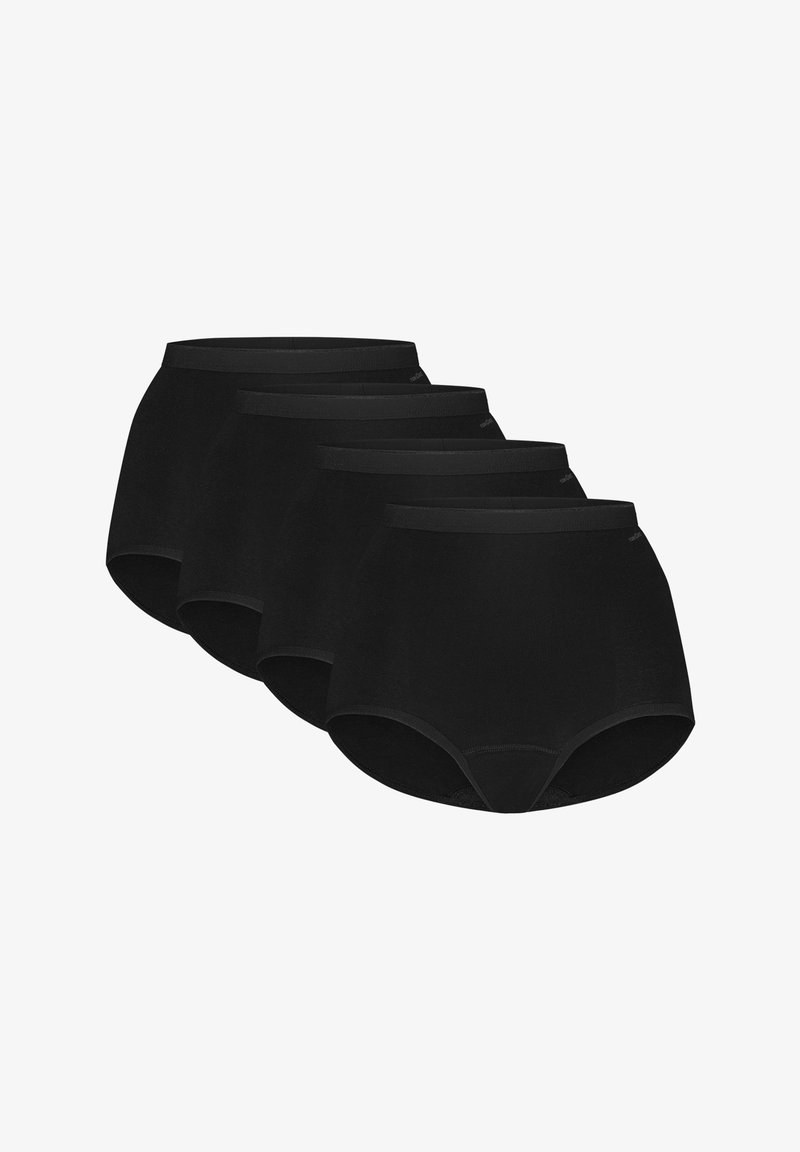Zwarte high-waisted ondergoedset van vier, gemaakt van zacht materiaal, met een gladde tailleband en afgeronde beenopeningen.