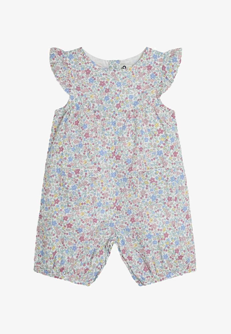 Kvetinový overal s krátkymi volánovými rukávmi, biely základ s ružovými, modrými a žltými kvetmi, obsahuje dve predné vrecká a elastické otvory na nohách.