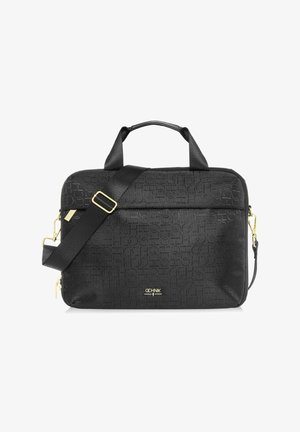 Czarna torba na laptopa wykonana z teksturowanego materiału z subtelnym wytłoczonym wzorem. Posiada podwójne uchwyty oraz odczepiany pasek na ramię z złotymi akcentami.