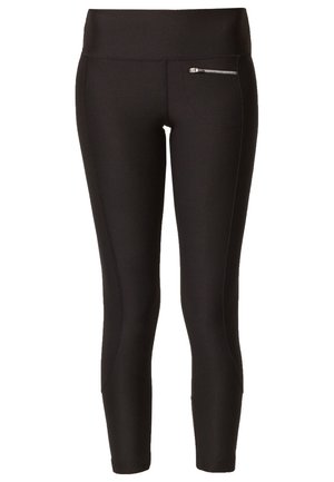 Leggings negros de corte ajustado con cintura alta y un pequeño bolsillo horizontal con cremallera en la cadera derecha.