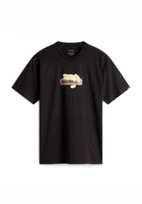 Black cotton t-shirt featuring a graphic of a stuffed animal atop a digital clock displaying "19:66." Short sleeves and crew neck design.