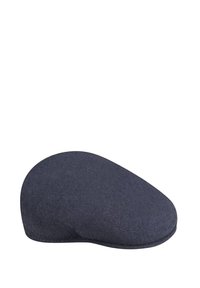Cappello piatto in lana grigia scura, forma arrotondata, texture liscia, con visiera cucita e design minimalista senza decorazioni.