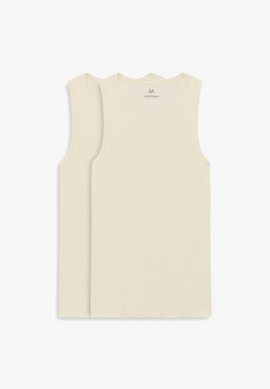 Dwie gładkie beżowe koszulki bez rękawów z okrągłymi dekoltami, ułożone jedna na drugiej, przy czym górna koszulka lekko nachodzi na tylną.