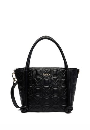 Bolso de mano de cuero negro Mexx con círculo en relieve y patrón "M", dos asas y una correa de hombro desmontable.