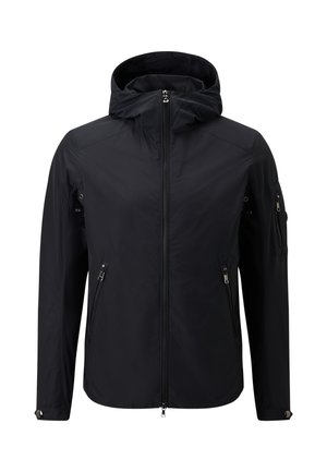 Black waterproof jacket with a hood, zippered front, two side pockets, and one arm pocket, featuring smooth texture and minimalist design.