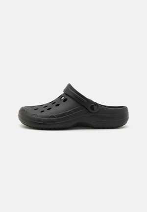 Black clogs made from flexible synthetic material. Featuring ventilation holes, a back strap, and a textured sole for grip.