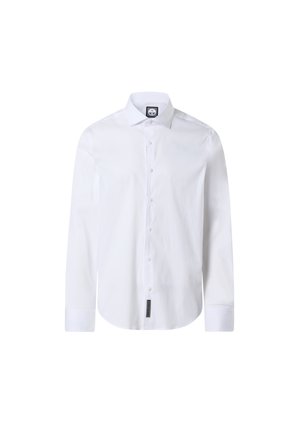 Weißes Langarm-Hemd mit Knöpfen aus glattem Stoff. Verfügt über einen spitzen Kragen, eine Vorderleiste und ein Etikett unten links.