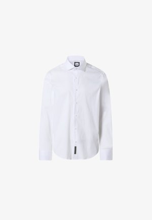 Weißes Langarm-Hemd mit Knöpfen aus glattem Stoff. Verfügt über einen spitzen Kragen, eine Vorderleiste und ein Etikett unten links.