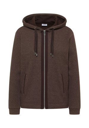 Sweat à capuche marron texturé avec fermeture éclair, cordons de serrage et poches latérales, doté d'une doublure intérieure douce et de poignets côtelés.