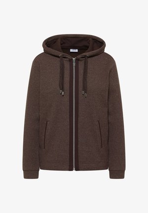 Ruskea teksturoitu vetoketjullinen huppari, jossa on kiristysnauhat ja sivutaskut, pehmeä sisävuori ja resorit hihansuissa.