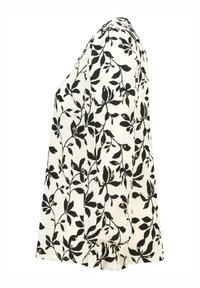 Haut à imprimé floral noir et or sur fond blanc. Présente une coupe décontractée, un tissu texturé et un ourlet froncé. Vue de côté montrée.