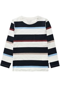 Chemise à longues manches rayée avec des bandes de marine, blanc, rouge, bleu clair et beige ; comprend une petite poche poitrine et un col ras du cou.