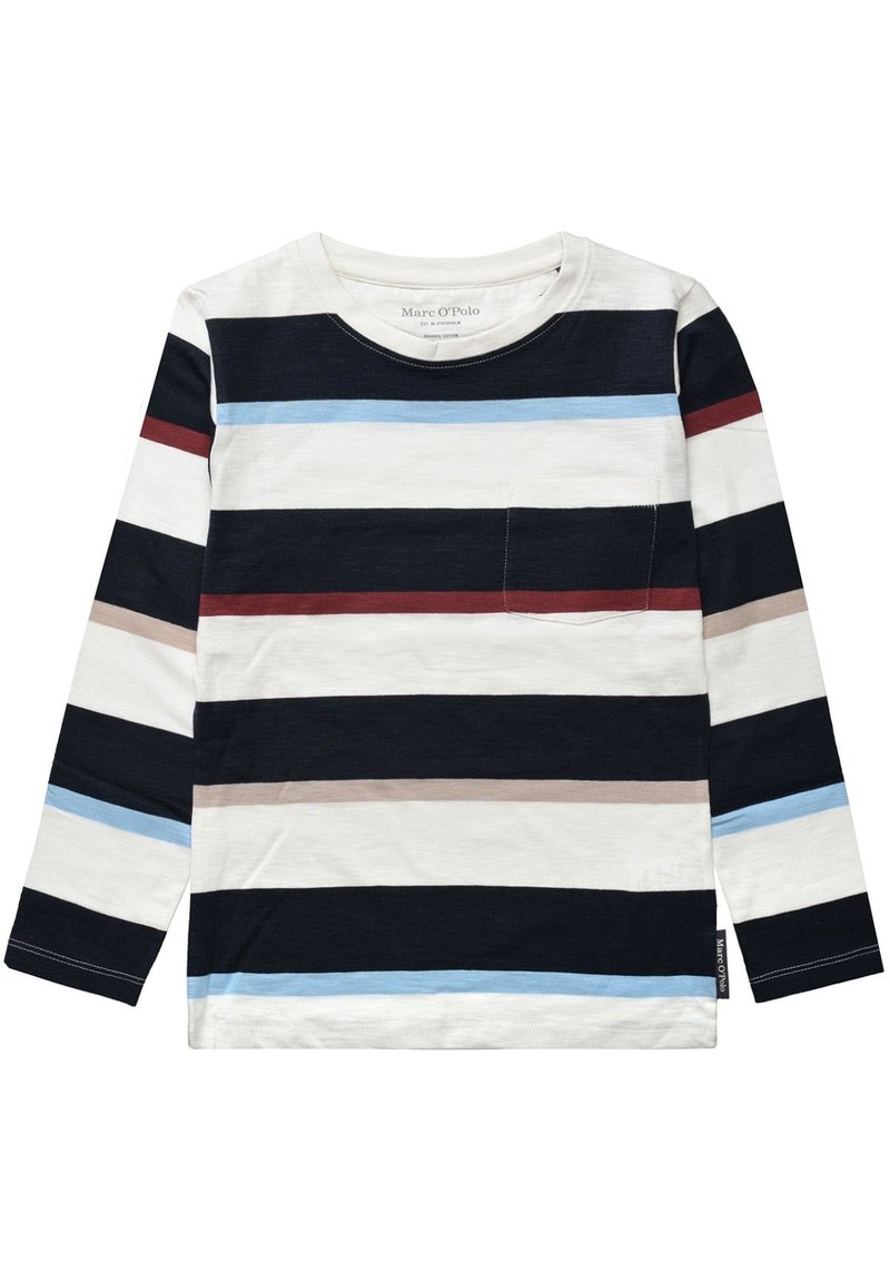 Chemise à longues manches rayée avec des bandes de marine, blanc, rouge, bleu clair et beige ; comprend une petite poche poitrine et un col ras du cou.