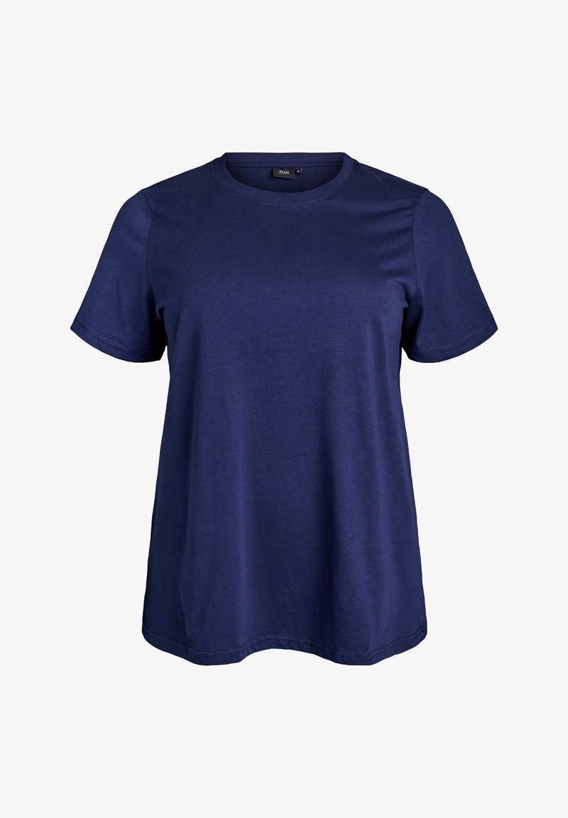 Navyblauwe katoenen t-shirt met korte mouwen, ronde hals en een losse pasvorm. Heeft schone randen en een gladde textuur. Geen patronen of accenten.