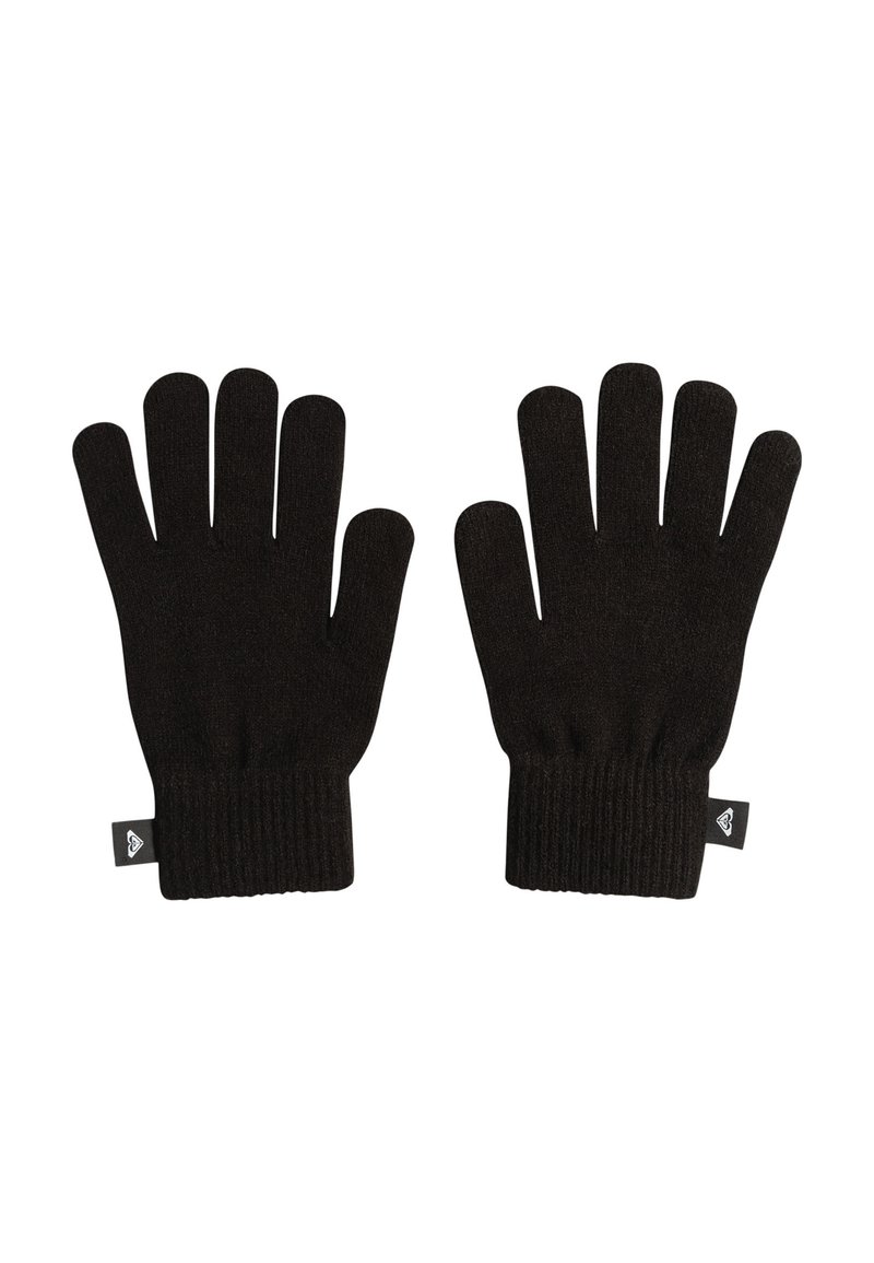 Guantes de punto negros con puños acanalados, que cuentan con compartimentos para cinco dedos y una pequeña etiqueta con el logo en la zona de la muñeca. Textura suave.