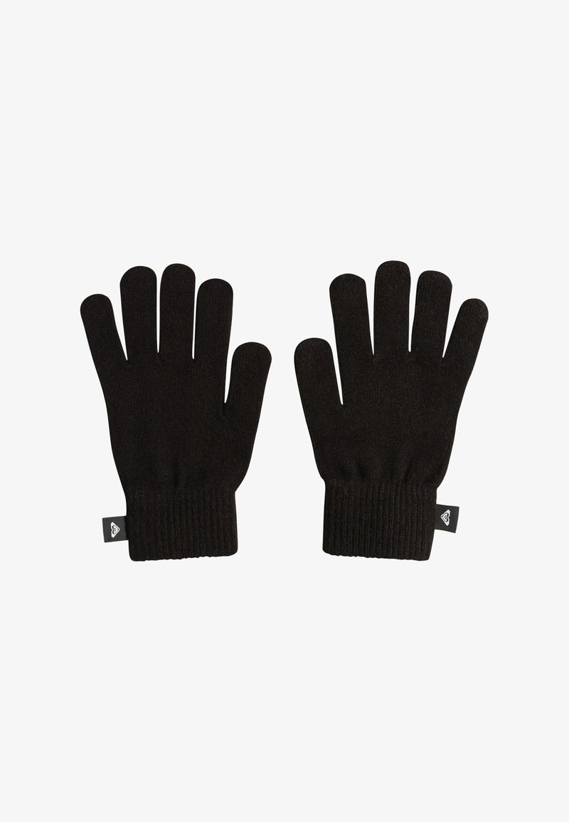 Guantes de punto negros con puños acanalados, que cuentan con compartimentos para cinco dedos y una pequeña etiqueta con el logo en la zona de la muñeca. Textura suave.