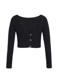 Schwarze gerippte cropped Strickjacke mit langen Ärmeln, einem tiefen V-Ausschnitt und drei vorderen Knöpfen mit goldenem Akzent. Hergestellt aus leichtem Material.