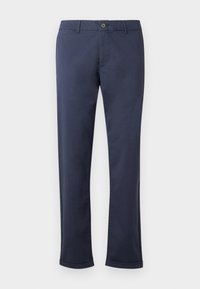 Pantaloni in cotone blu navy con chiusura a bottone, gamba dritta e polsini. Texture liscia senza pattern o accenti visibili.
