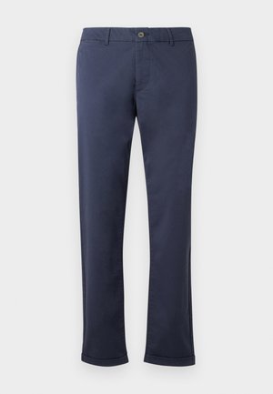Marineblaue Baumwollhosen mit Knopfverschluss, geraden Beinen und Bündchen. Glatte Textur ohne sichtbare Muster oder Akzente.