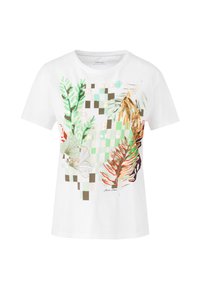 White t-shirt featuring a mixed-pattern design with green leaves and abstract shapes in various colors. Smooth fabric with a round neckline.