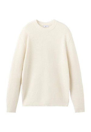 Suéter de punto texturizado color crema con mangas largas y puños, cuello y dobladillo acanalados, exhibido sobre un fondo blanco.