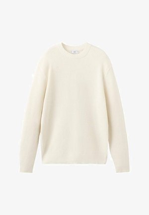 Kermanvärinen, teksturoitu neulepusero, jossa pitkät hihat sekä resorit hihansuissa, kauluksessa ja helmassa, esillä valkoisella taustalla.