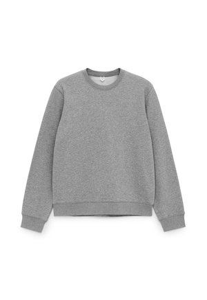 Gray sweatshirt, made of soft fabric, features a crew neck, long sleeves, ribbed cuffs, and a straight hem with no visible logos or embellishments.
