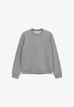 Gray sweatshirt, made of soft fabric, features a crew neck, long sleeves, ribbed cuffs, and a straight hem with no visible logos or embellishments.