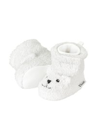 Weiße Fleece-Stiefelchen in Form von Bärenköpfen, mit einem plüschigen Material, runden Ohren und einem weichen Futter. Inklusive schwarzer, gestickter Gesichtszüge.