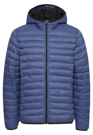 Padded blue jacket with a hood, zip closure, and black interior lining. Features horizontal quilted sections and elastic cuffs.