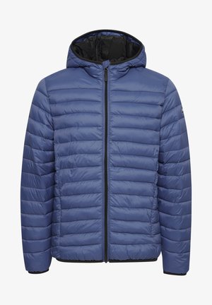 Gefütterte blaue Jacke mit Kapuze, Reißverschluss und schwarzem Innenfutter. Verfügt über horizontale Steppnähte und elastische Bündchen.