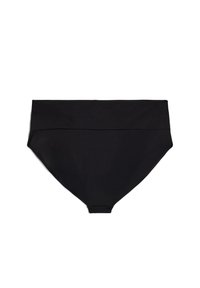 Musta korkeavyötäröinen bikinialaosa, valmistettu sileästä kankaasta. Siinä on leveä, mukava vyötärönauha ja saumattomat reunat siistin viimeistelyn takaamiseksi.