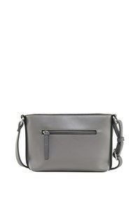 Borsa a tracolla in pelle grigia con una texture liscia, forma rettangolare, chiusura con zip superiore e tasca zip frontale. Dotata di una tracolla regolabile.
