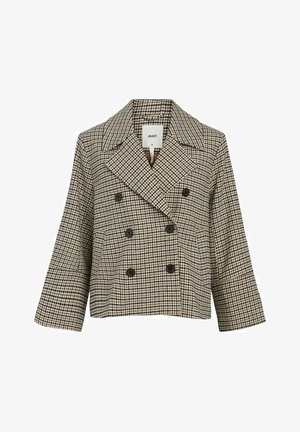 Double-breasted cropped jacket in a brown, black, and white check pattern. Features large buttons and a notched collar; made of textured fabric.