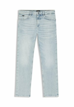 Hellblaue, verblasste Jeans mit geradem Bein, fünf Taschen und Knopfverschluss, mit einem kleinen schwarzen Etikett nahe der rechten vorderen Tasche.