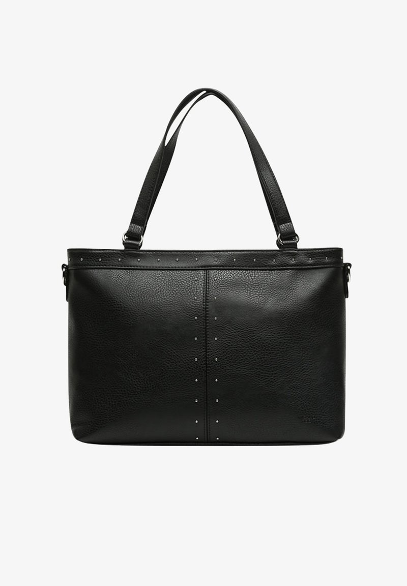 Sac cabas en cuir noir avec double bandoulière, rangées verticales et horizontales de petits clous métalliques en décoration.